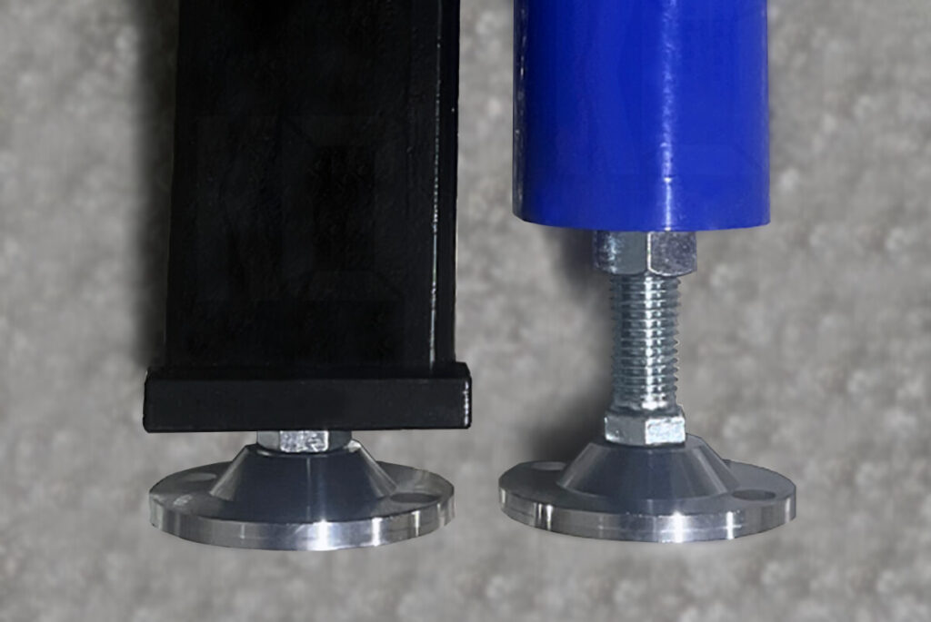 Welding table legs with adjustable discs, showing the difference in adjustable heights