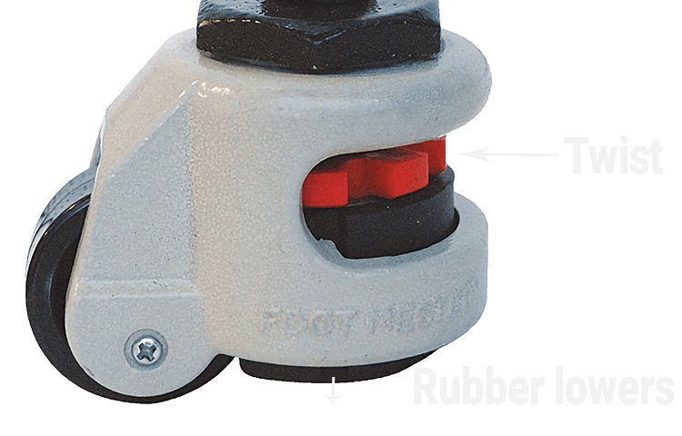 Welding table legs with levelling castors, showing how the castors can be locked into position